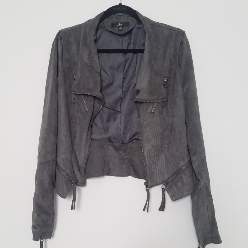 Lulu's Dark Charcoal Gray Ready For Anything Faux Suede Moto Jacket L
